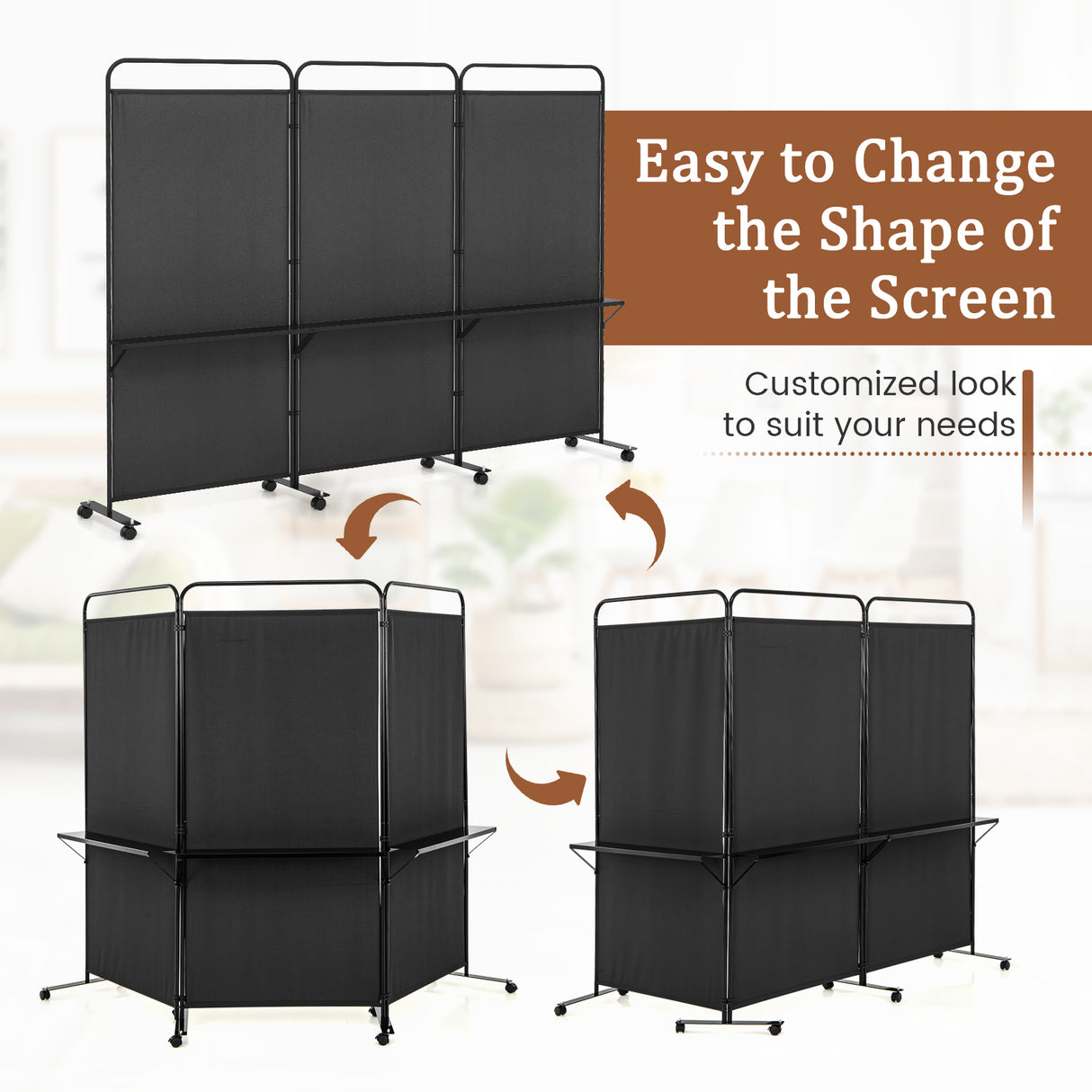 3-Panel Folding Room Divider with 3 Metal Shelves and Lockable Wheels-Black