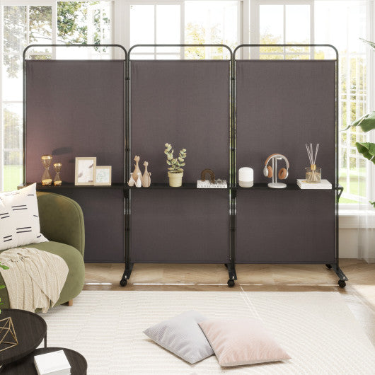 3-Panel Folding Room Divider with 3 Metal Shelves and Lockable Wheels-Brown