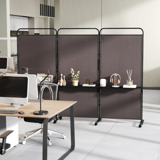 3-Panel Folding Room Divider with 3 Metal Shelves and Lockable Wheels-Brown