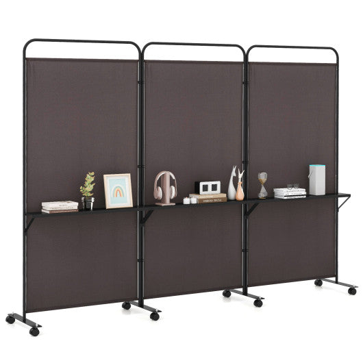 3-Panel Folding Room Divider with 3 Metal Shelves and Lockable Wheels-Brown