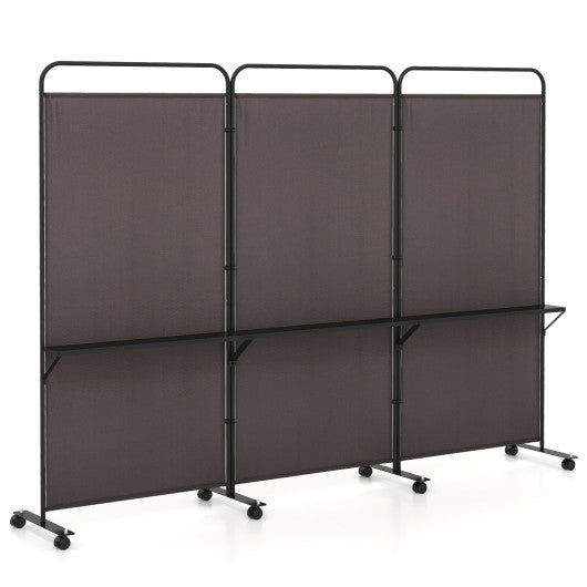 3-Panel Folding Room Divider with 3 Metal Shelves and Lockable Wheels-Brown