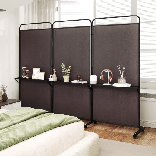 3-Panel Folding Room Divider with 3 Metal Shelves and Lockable Wheels-Brown