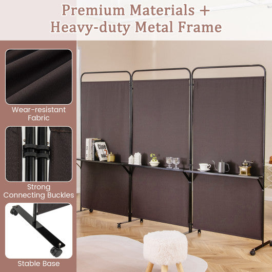 3-Panel Folding Room Divider with 3 Metal Shelves and Lockable Wheels-Brown
