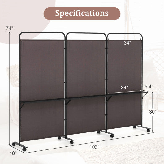 3-Panel Folding Room Divider with 3 Metal Shelves and Lockable Wheels-Brown