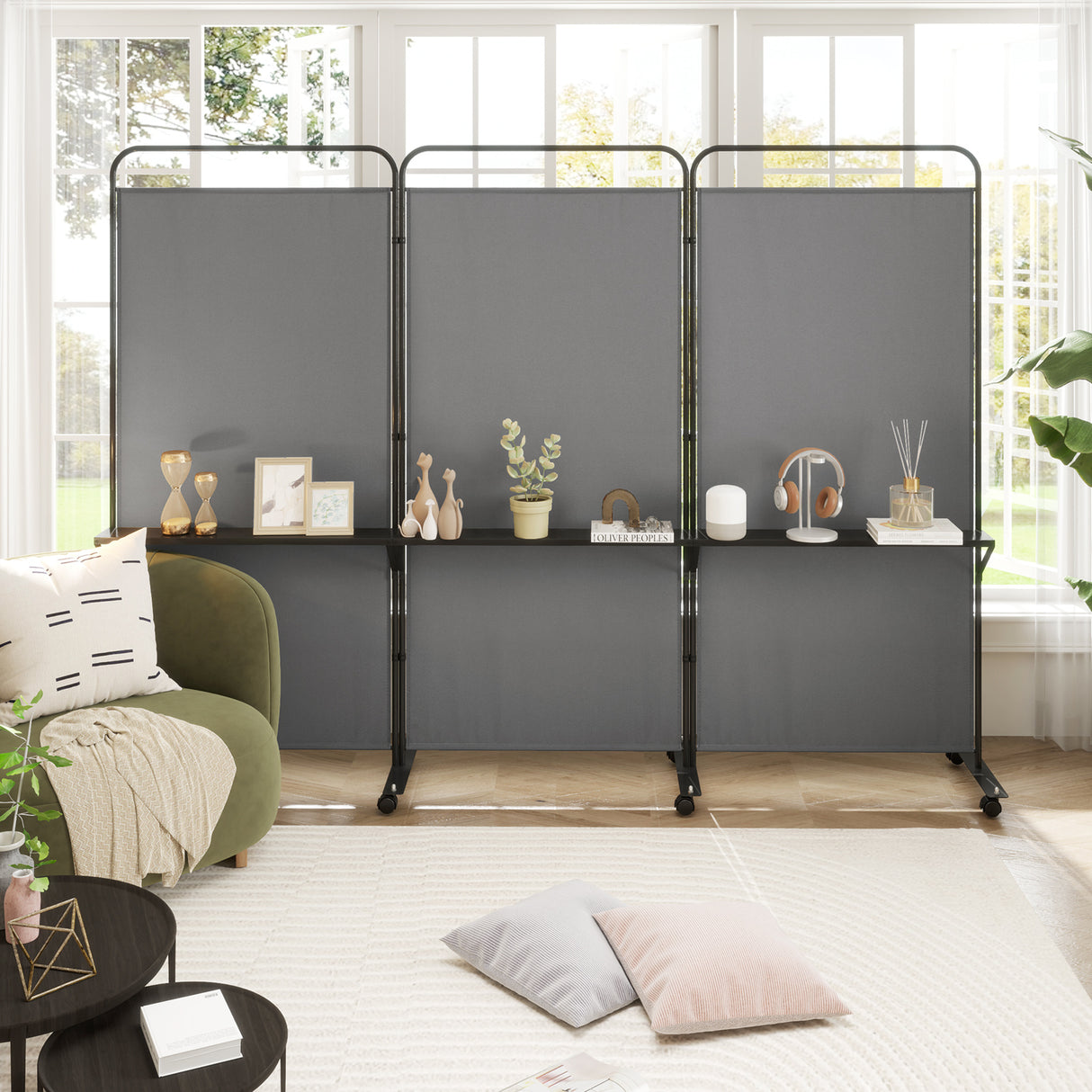 3-Panel Folding Room Divider with 3 Metal Shelves and Lockable Wheels-Gray