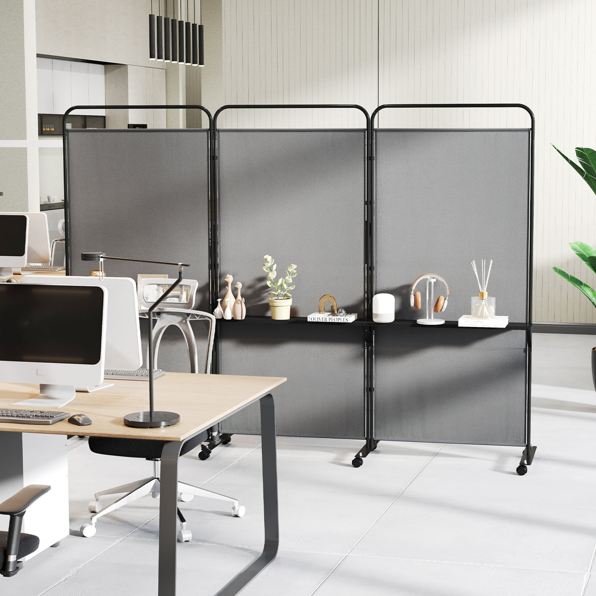 3-Panel Folding Room Divider with 3 Metal Shelves and Lockable Wheels-Gray