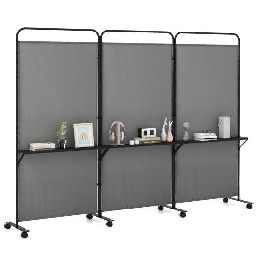 3-Panel Folding Room Divider with 3 Metal Shelves and Lockable Wheels-Gray
