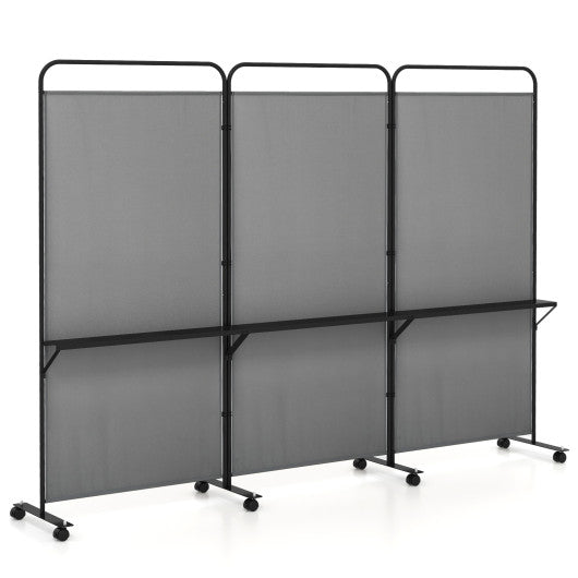 3-Panel Folding Room Divider with 3 Metal Shelves and Lockable Wheels-Gray