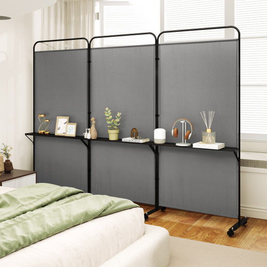 3-Panel Folding Room Divider with 3 Metal Shelves and Lockable Wheels-Gray