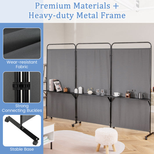 3-Panel Folding Room Divider with 3 Metal Shelves and Lockable Wheels-Gray