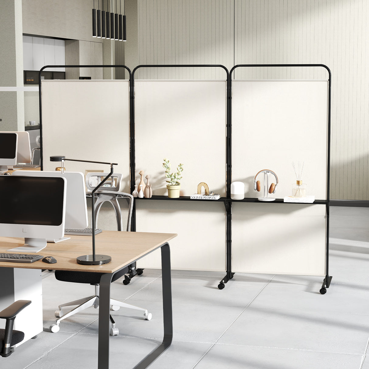 3-Panel Folding Room Divider with 3 Metal Shelves and Lockable Wheels-White