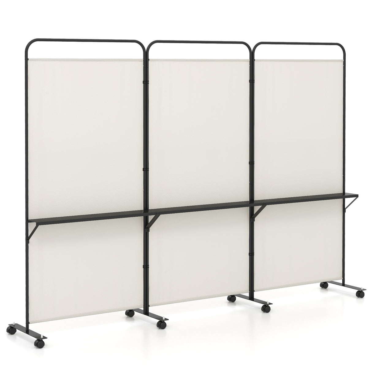 3-Panel Folding Room Divider with 3 Metal Shelves and Lockable Wheels-White