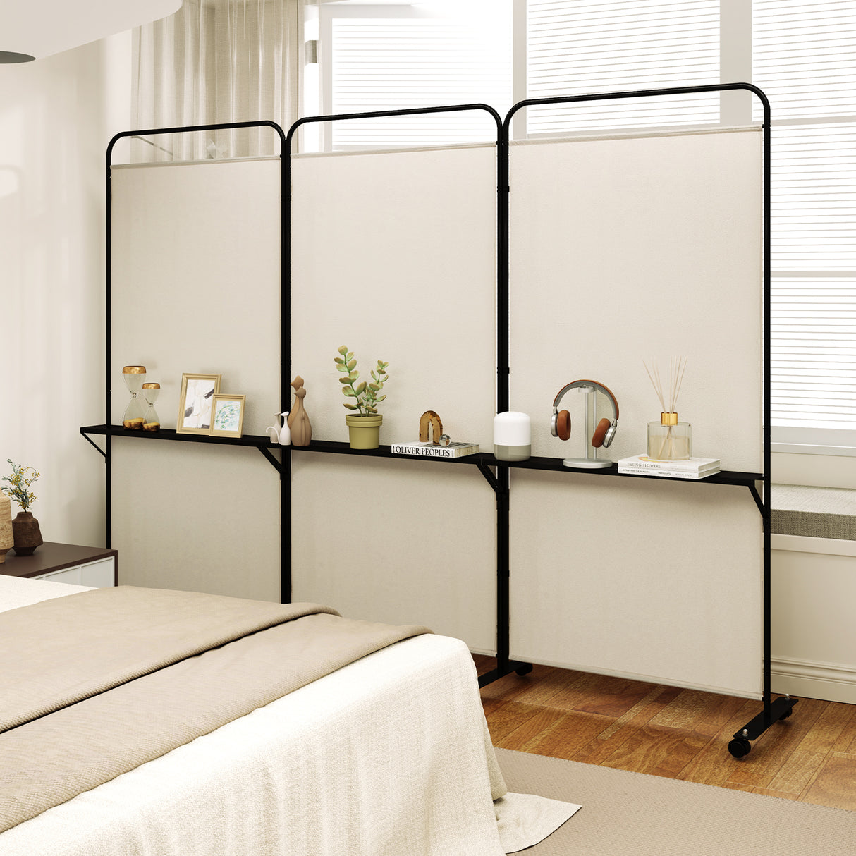 3-Panel Folding Room Divider with 3 Metal Shelves and Lockable Wheels-White