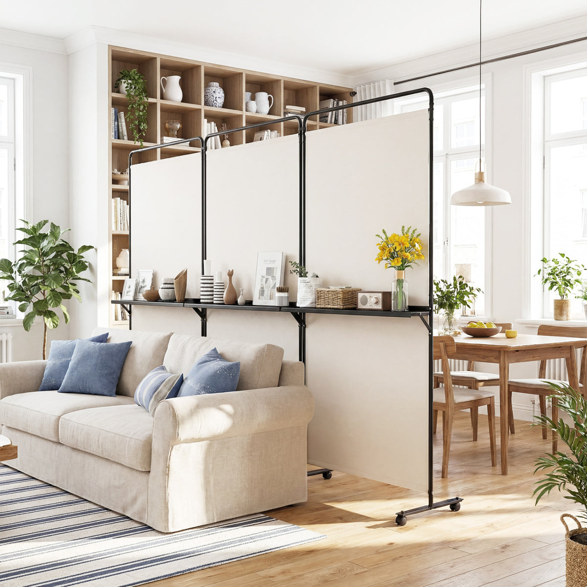 3-Panel Room Divider with Shelves 6 FT Tall Folding Privacy Screen with Lockable Wheels-White