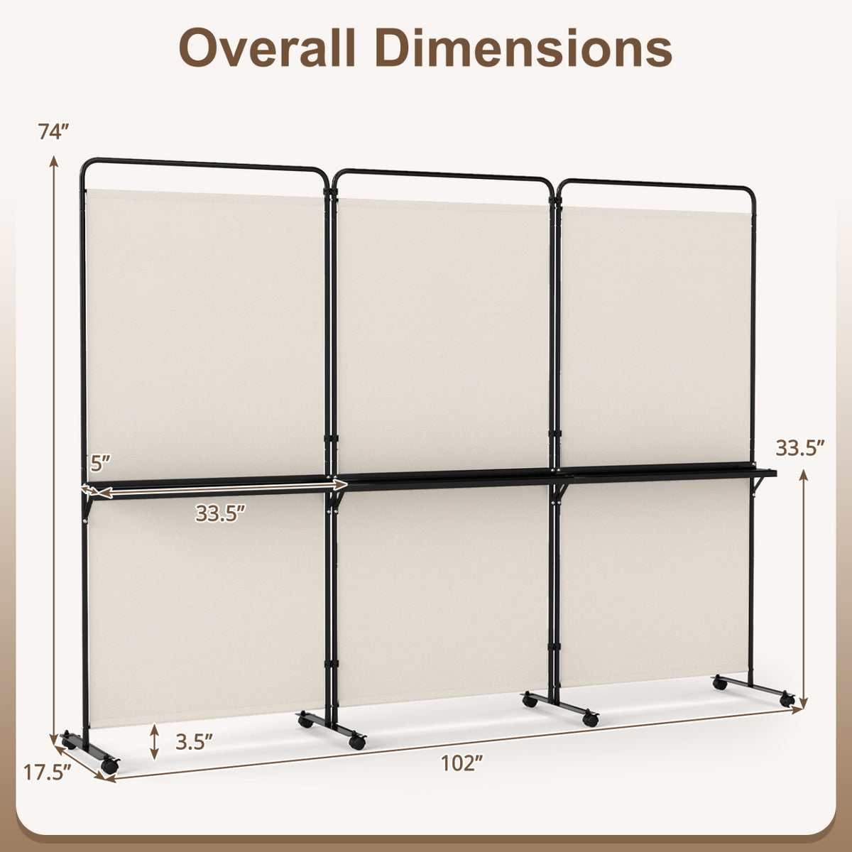 3-Panel Room Divider with Shelves 6 FT Tall Folding Privacy Screen with Lockable Wheels-White