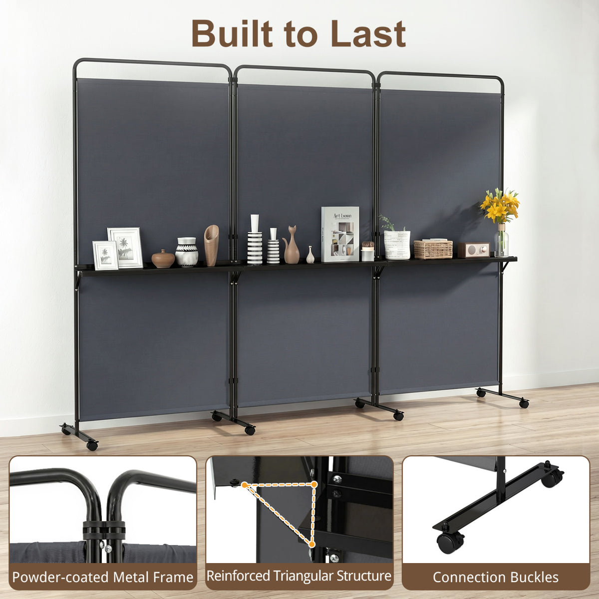 3-Panel Room Divider with Shelves 6 FT Tall Folding Privacy Screen with Lockable Wheels-Gray