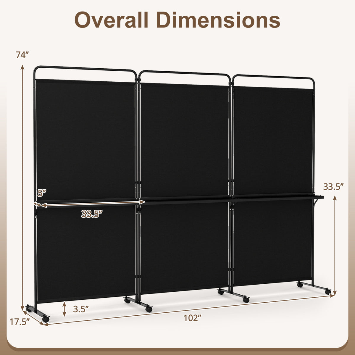 3-Panel Room Divider with Shelves 6 FT Tall Folding Privacy Screen with Lockable Wheels-Black