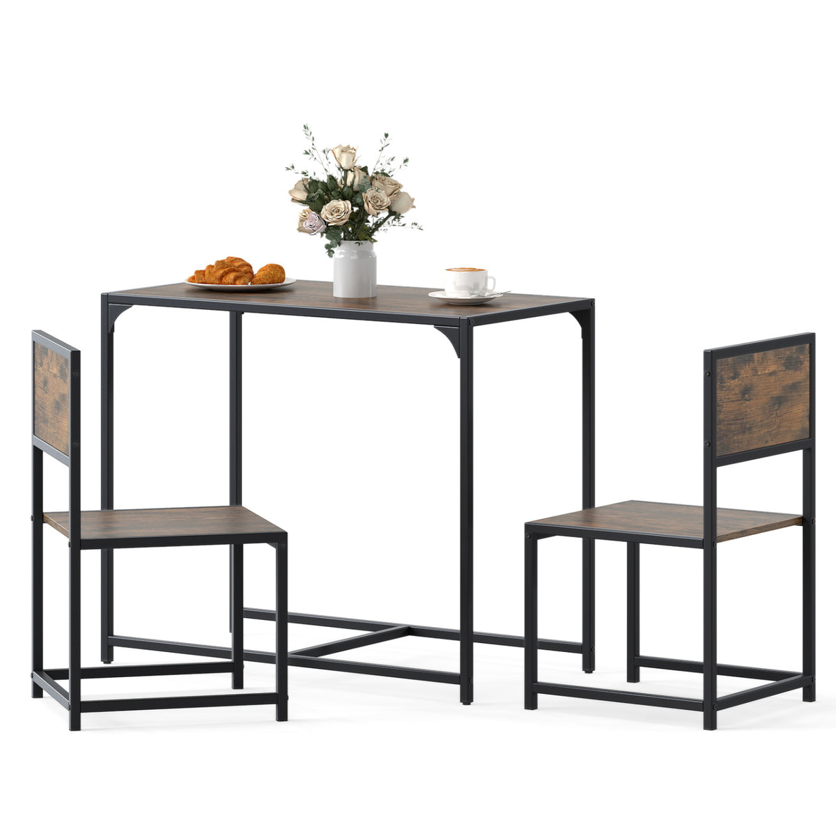 3 Pcs Dining Set Compact Table and 2 Chair with Metal Frame for for Small Space-Coffee