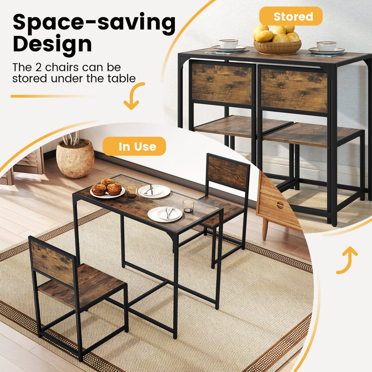 3 Pcs Dining Set Compact Table and 2 Chair with Metal Frame for for Small Space-Coffee