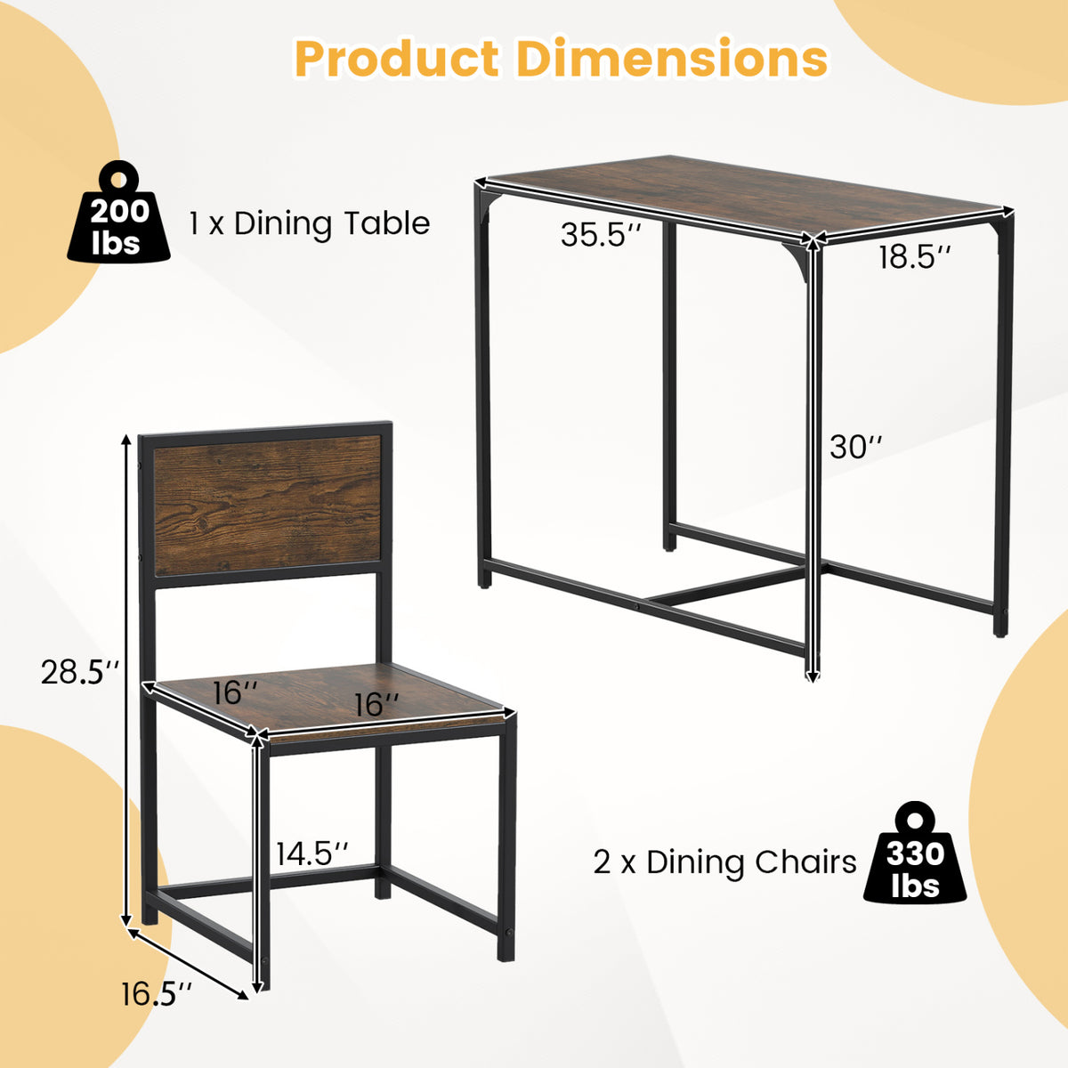 3 Pcs Dining Set Compact Table and 2 Chair with Metal Frame for for Small Space-Coffee
