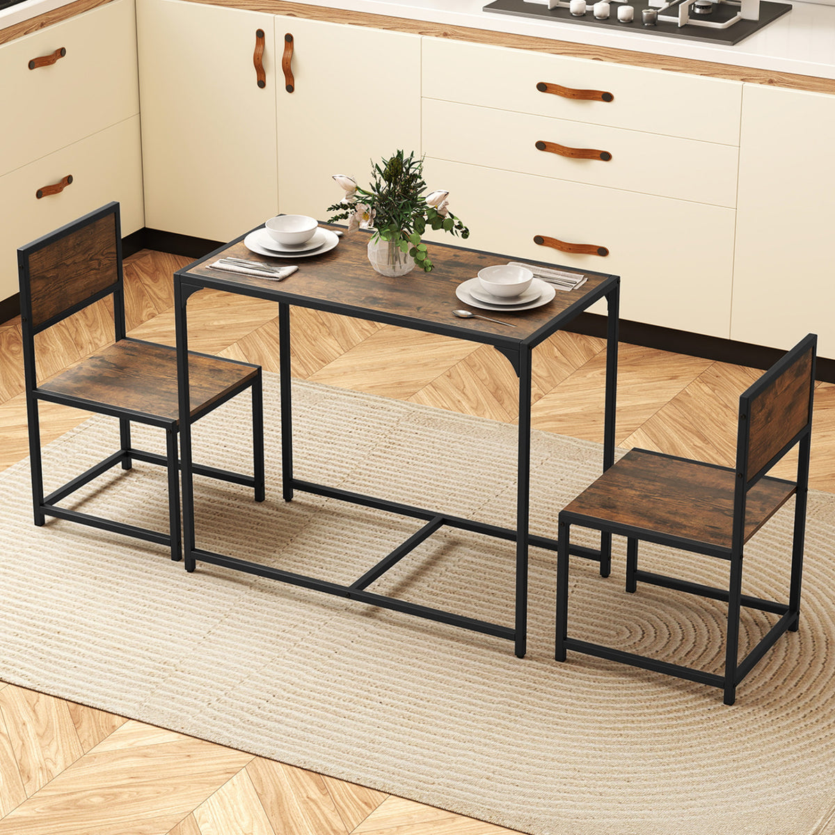 3 Pcs Dining Set Compact Table and 2 Chair with Metal Frame for for Small Space-Coffee