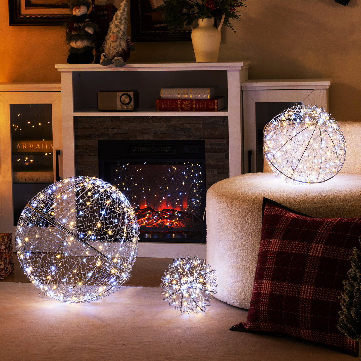 3 Pcs Lighted Christmas Balls Large Standing/Hanging Metal Sphere Lights with 435 LEDs
