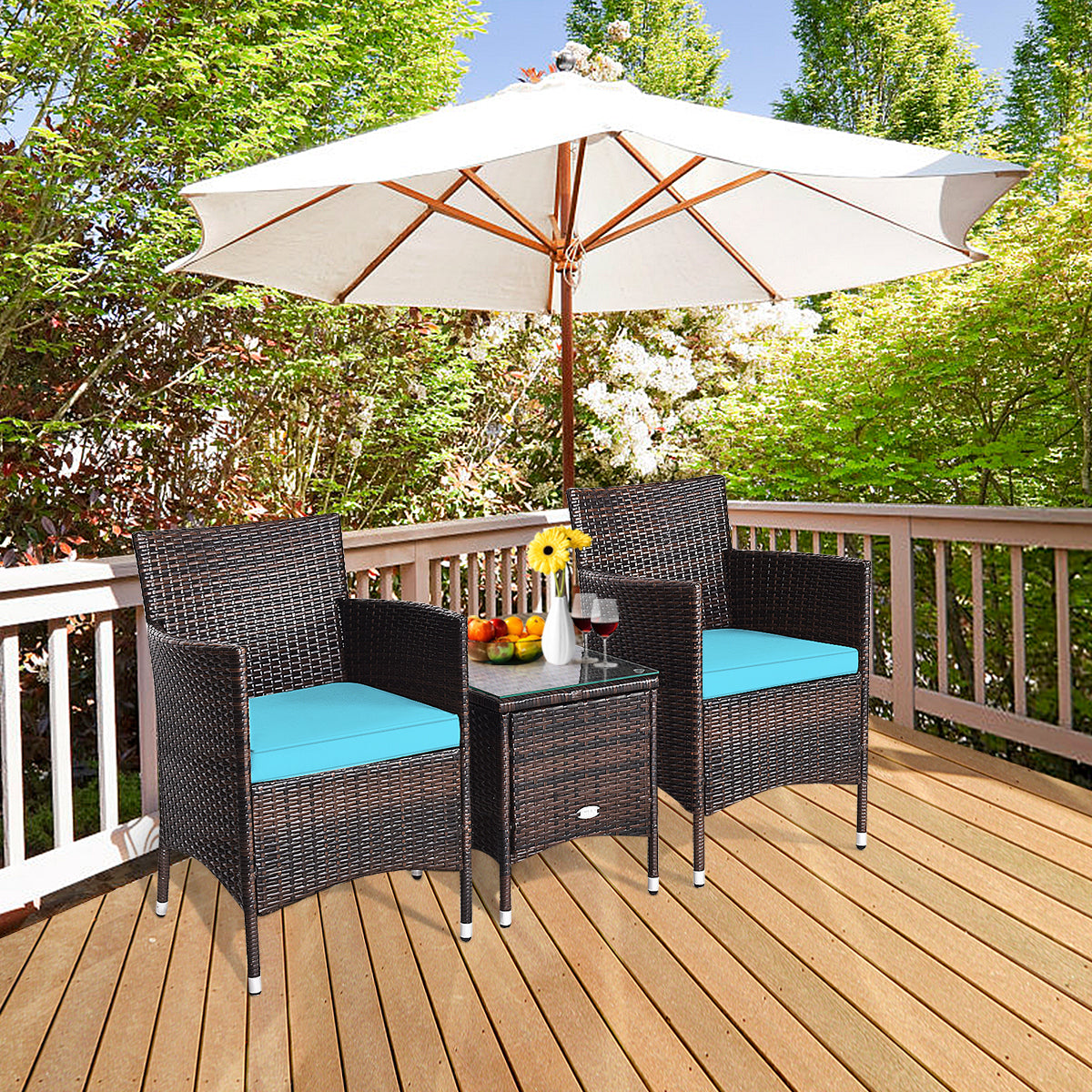 3 Pcs Outdoor Rattan Wicker Furniture Set-Blue