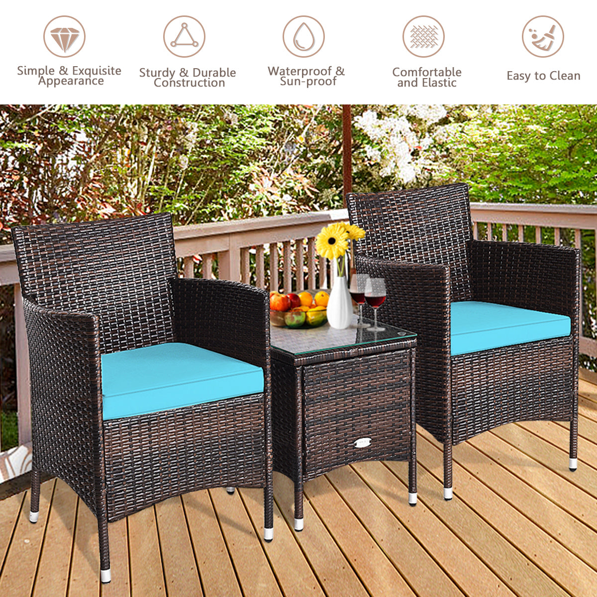 3 Pcs Outdoor Rattan Wicker Furniture Set-Blue