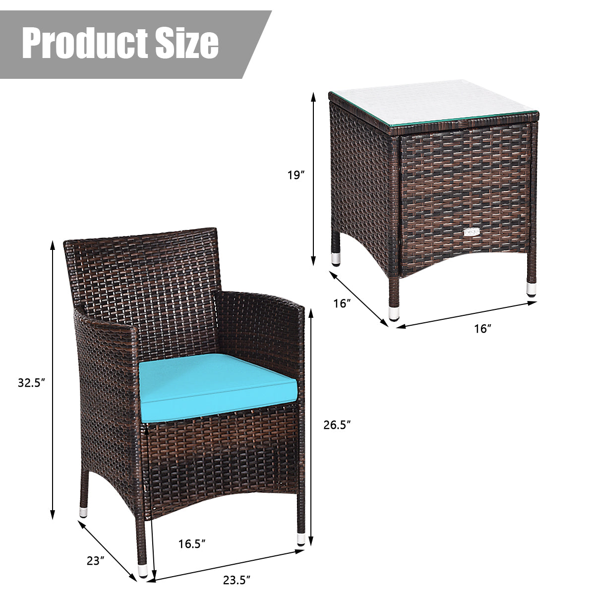 3 Pcs Outdoor Rattan Wicker Furniture Set-Blue