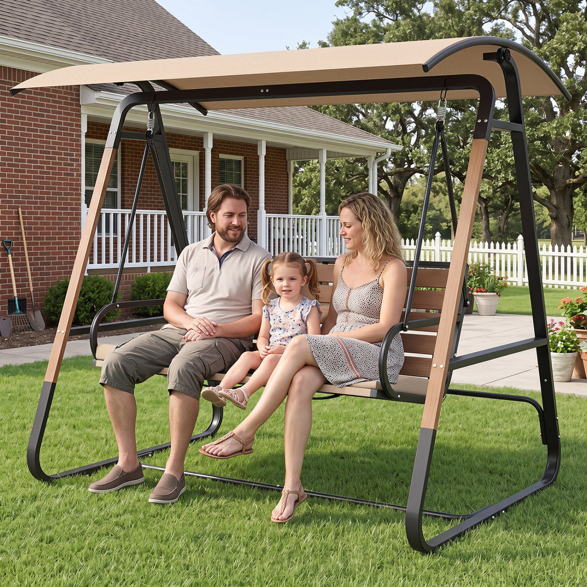 3-Person Porch Swing Outdoor Swing with Adjustable Canopy-Beige