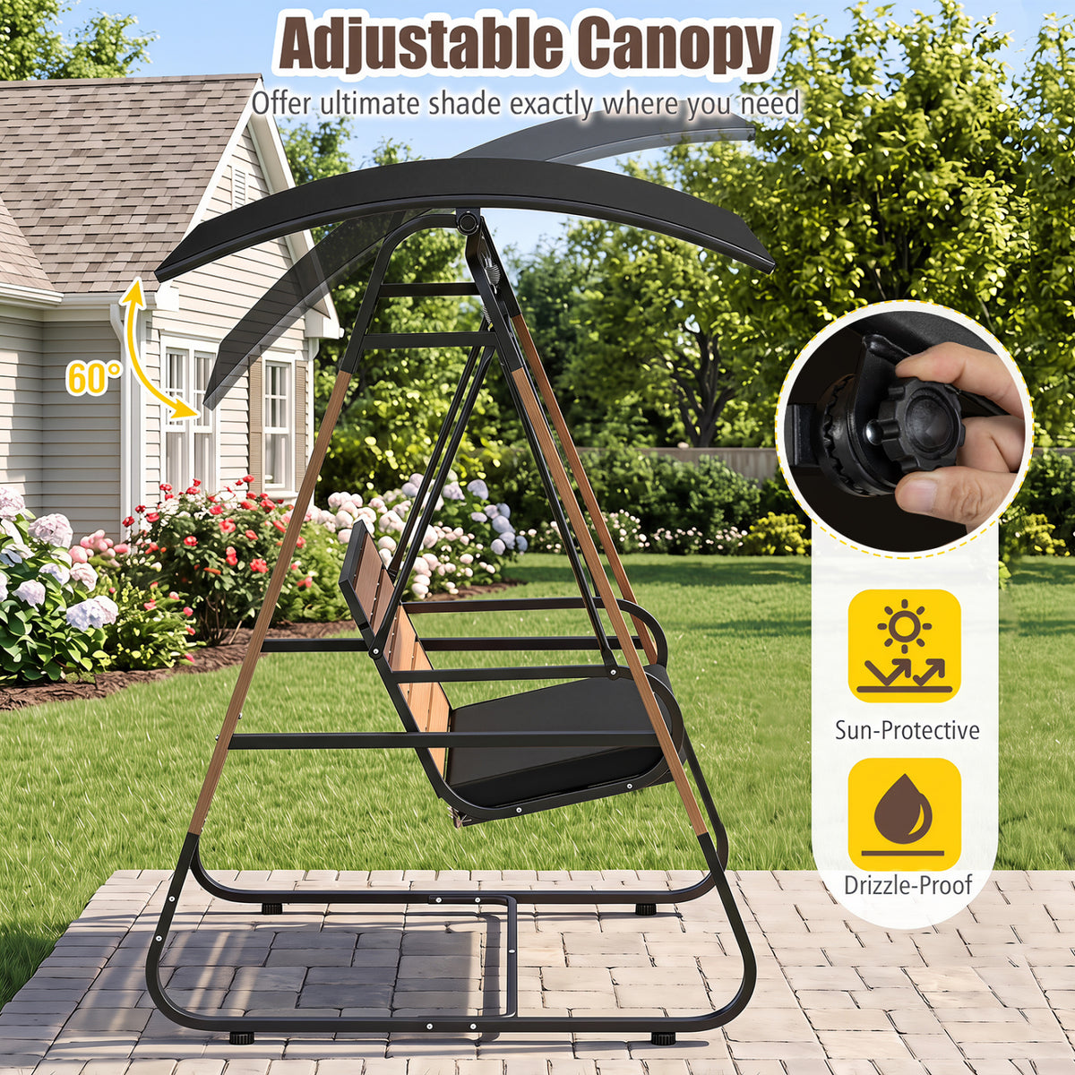 3-Person Porch Swing Outdoor Swing with Adjustable Canopy-Black