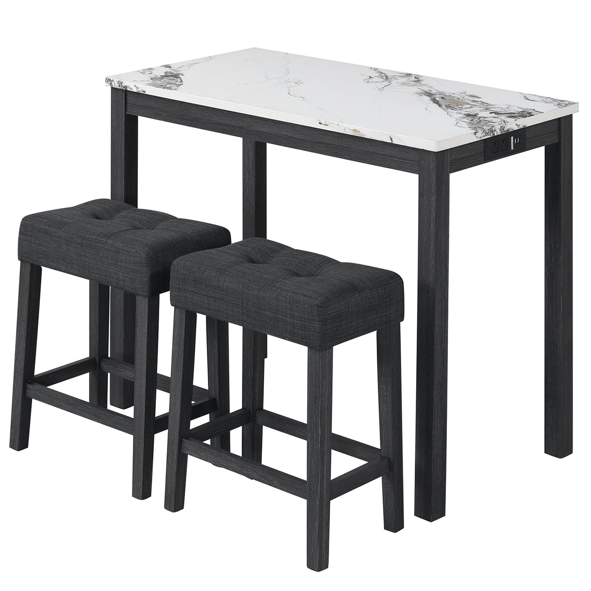 3-Piece Bar Table Set with Charging Station and Faux Marble Top-White