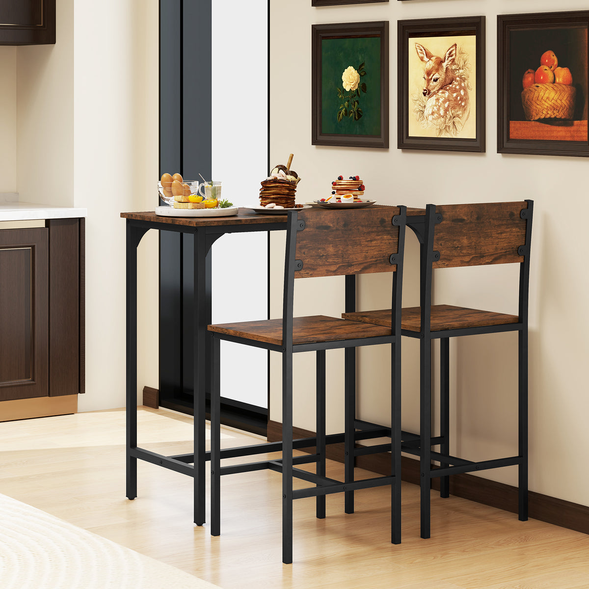 3 Piece Bar Table Set with Backrest and Footrest for Small Space-Rustic Brown