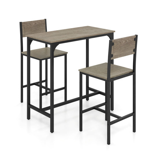 3 Piece Bar Table Set with Backrest and Footrest for Small Space-Gray