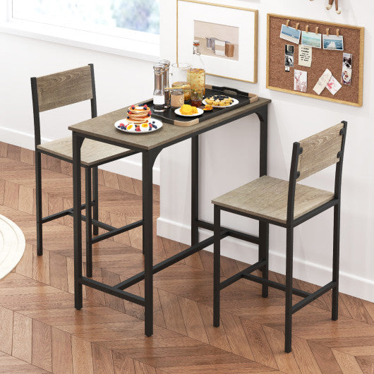 3 Piece Bar Table Set with Backrest and Footrest for Small Space-Gray