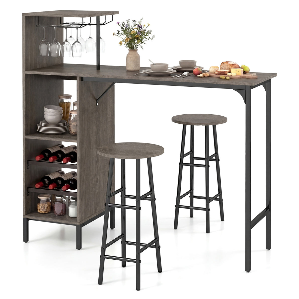 3 Piece Bar Table and Chairs Set with 6-Bottle Wine Rack-Oak