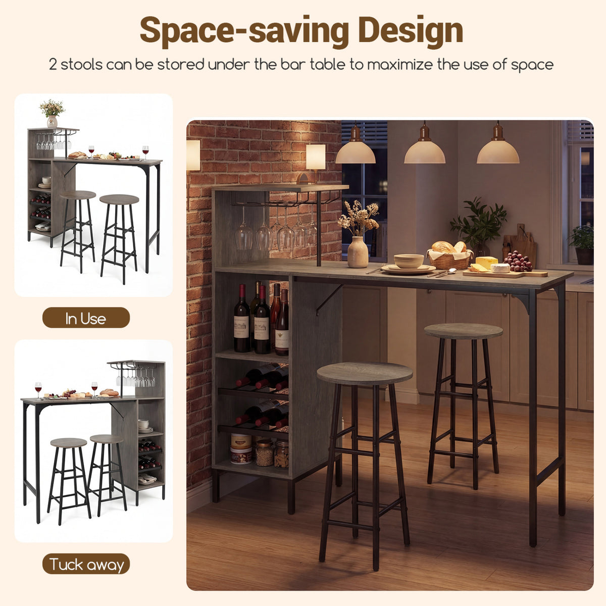 3 Piece Bar Table and Chairs Set with 6-Bottle Wine Rack-Oak