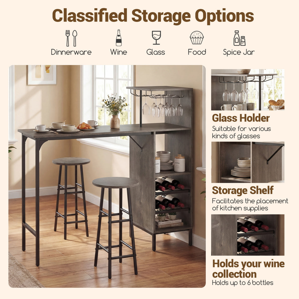 3 Piece Bar Table and Chairs Set with 6-Bottle Wine Rack-Oak