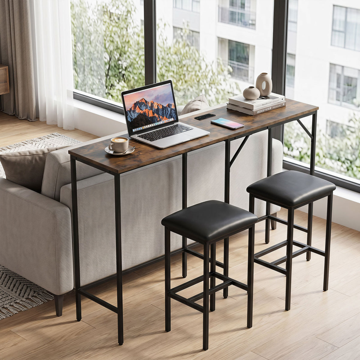 3-Piece Convertible L-Shaped Kitchen Table Chair Set with 2 AC Outlets USB Port and Type-C Port-Rustic Brown