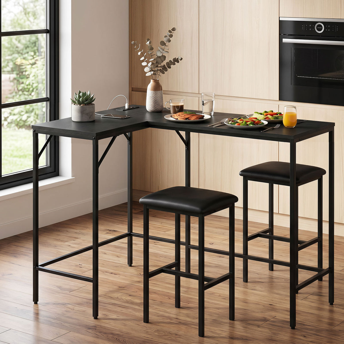 3-Piece Convertible L-Shaped Kitchen Table Chair Set with 2 AC Outlets USB Port and Type-C Port-Black