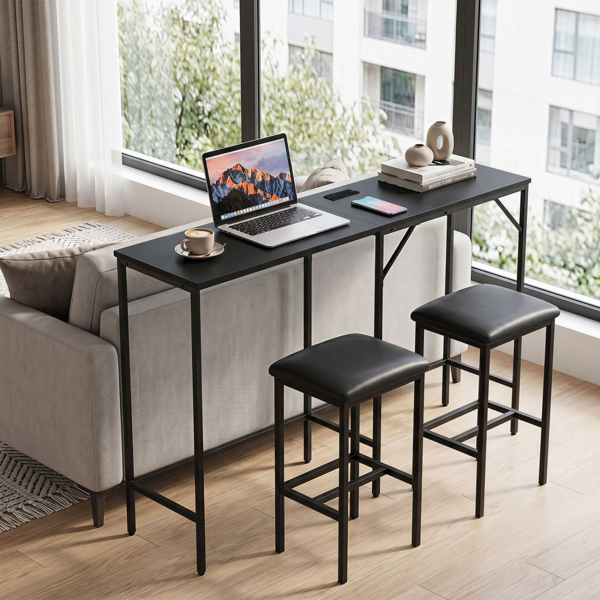 3-Piece Convertible L-Shaped Kitchen Table Chair Set with 2 AC Outlets USB Port and Type-C Port-Black