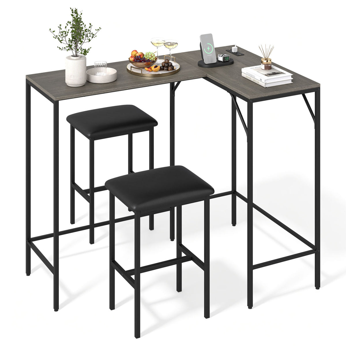 3-Piece Convertible L-Shaped Kitchen Table Chair Set with 2 AC Outlets USB Port and Type-C Port-Gray