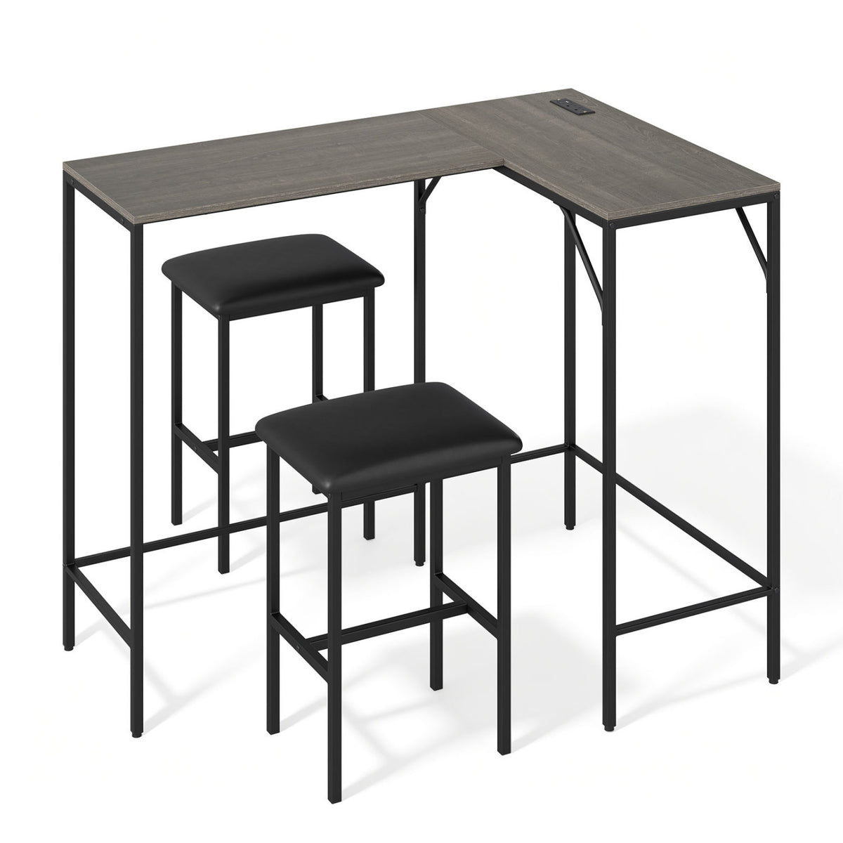 3-Piece Convertible L-Shaped Kitchen Table Chair Set with 2 AC Outlets USB Port and Type-C Port-Gray