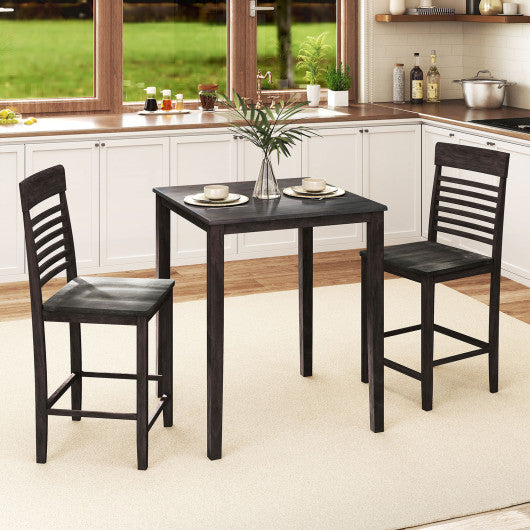 3-Piece Counter-Height Dining Table Set for 2 with Rubber Wood Frame and Footrest-Gray