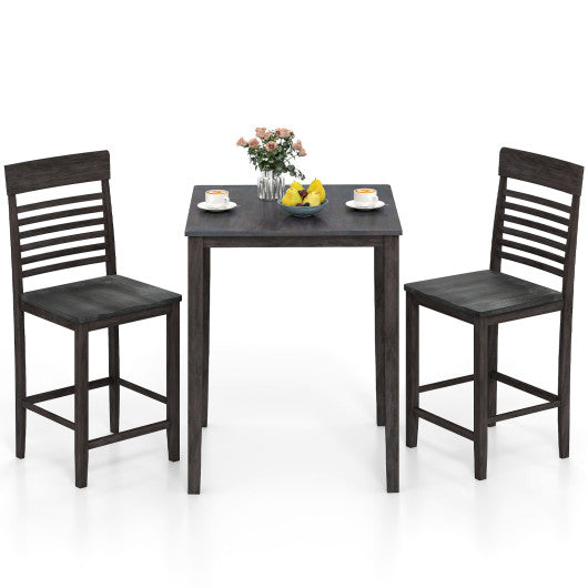 3-Piece Counter-Height Dining Table Set for 2 with Rubber Wood Frame and Footrest-Gray