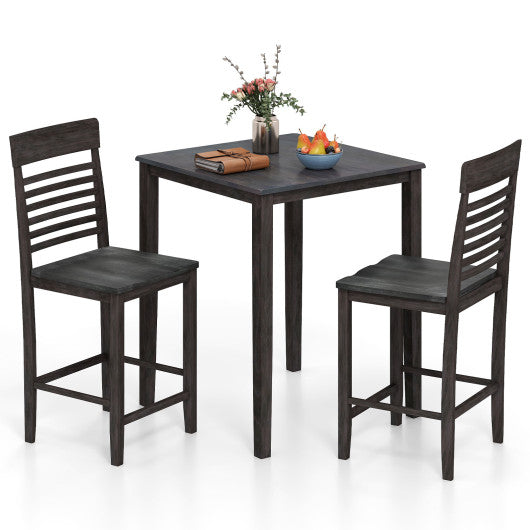3-Piece Counter-Height Dining Table Set for 2 with Rubber Wood Frame and Footrest-Gray