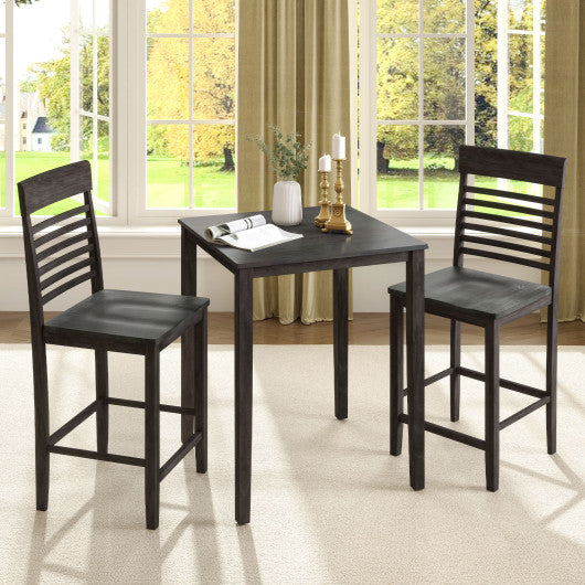 3-Piece Counter-Height Dining Table Set for 2 with Rubber Wood Frame and Footrest-Gray