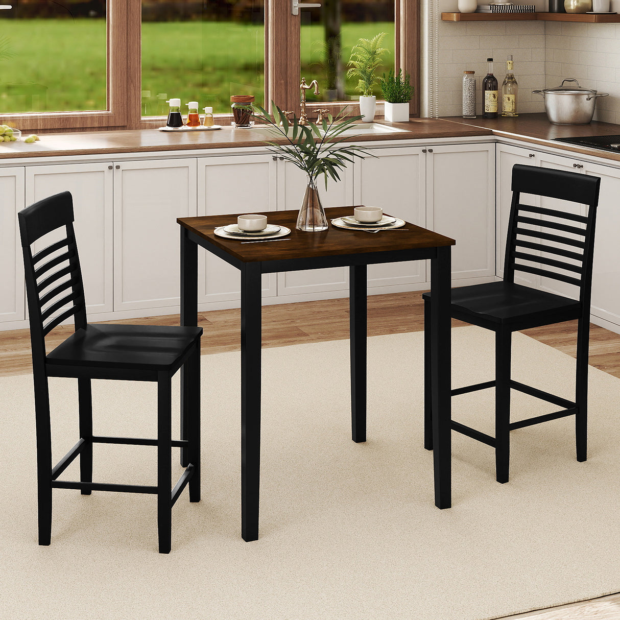 3-Piece Counter-Height Dining Table Set for 2 with Rubber Wood Frame and Footrest-Black