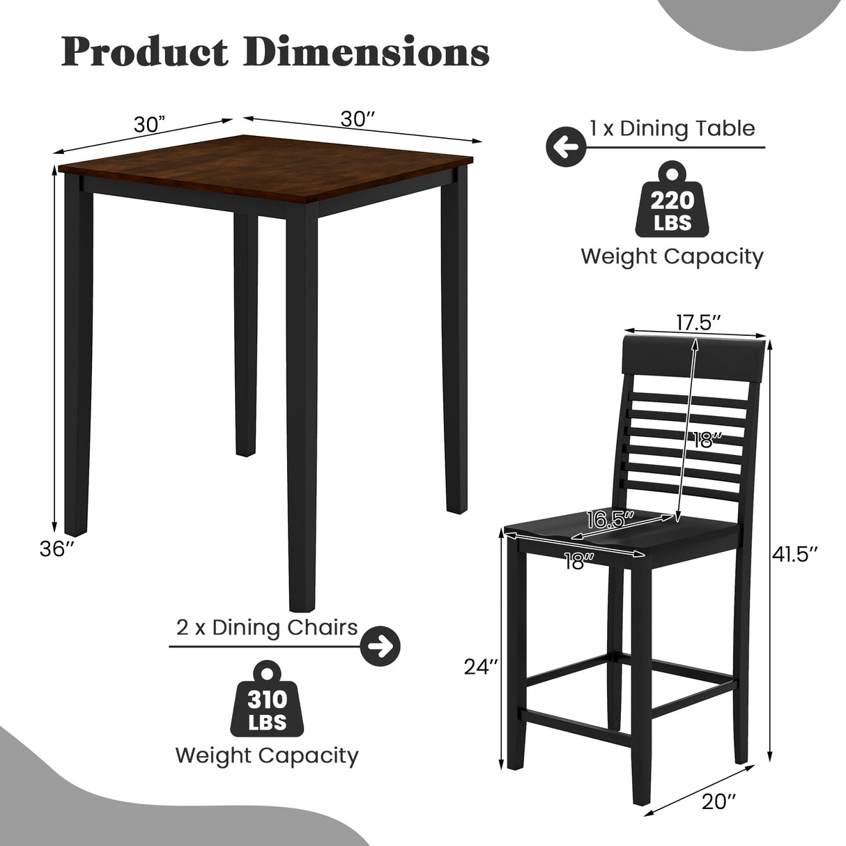 3-Piece Counter-Height Dining Table Set for 2 with Rubber Wood Frame and Footrest-Black