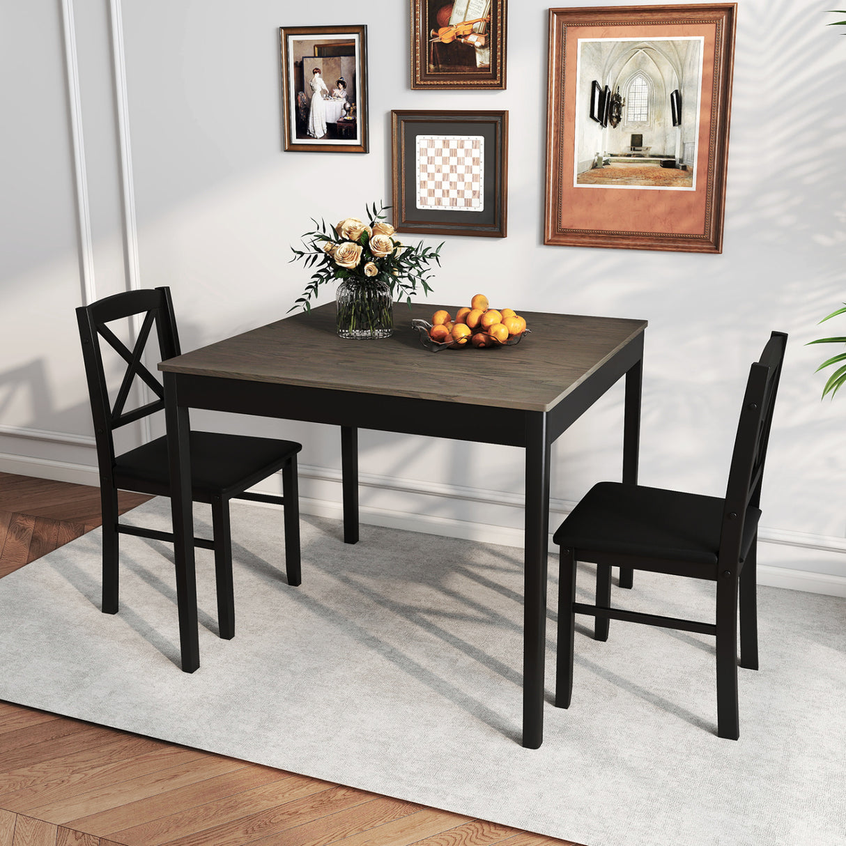 3-Piece Dining Table Set Wooden Square Kitchen Table for 2 People-Gray